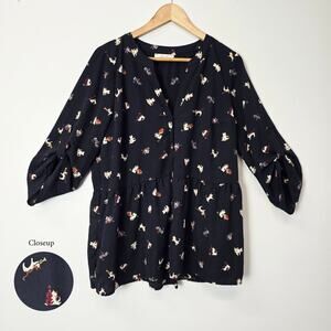 ModCloth Jessy B Navy Cat Print Blouse Long Sleeve Novelty Kitty Pattern 1X